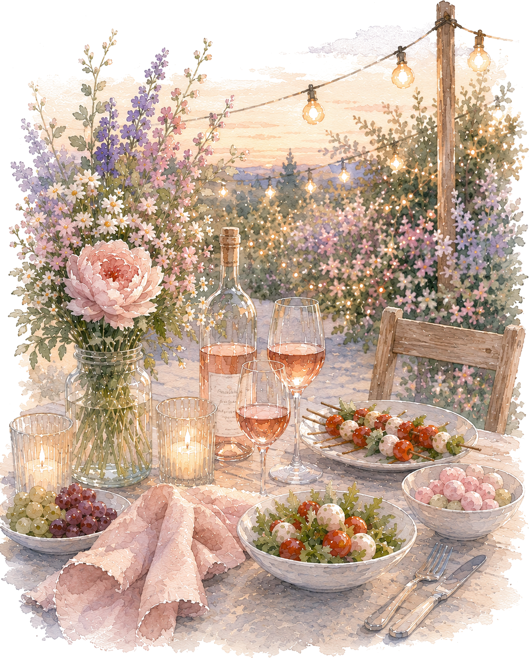 Aquarellszene mit gedecktem Tisch und Essen